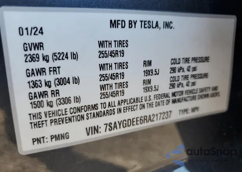 2024 Tesla Model Y from USA, damaged, VIN 7SAYGDEE6RA217237